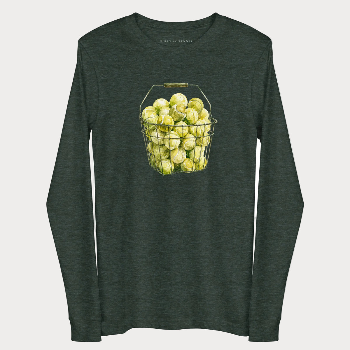 Heather forest green The Next Hundred women's tennis long-sleeve T-shirt with a wire basket of tennis balls