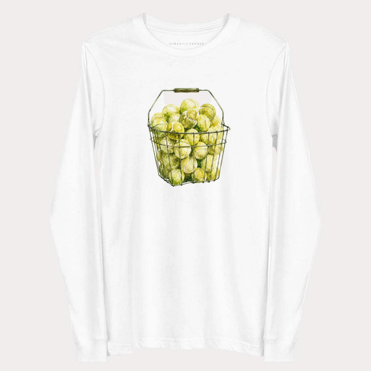 White The Next Hundred women's tennis long-sleeve T-shirt with a wire basket of tennis balls