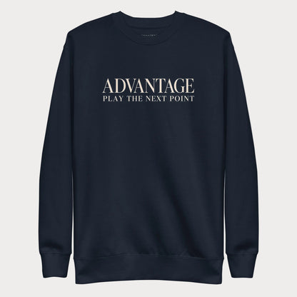 Navy Advantage women's tennis crewneck sweatshirt with cream lettering reading Advantage above Play the Next Point