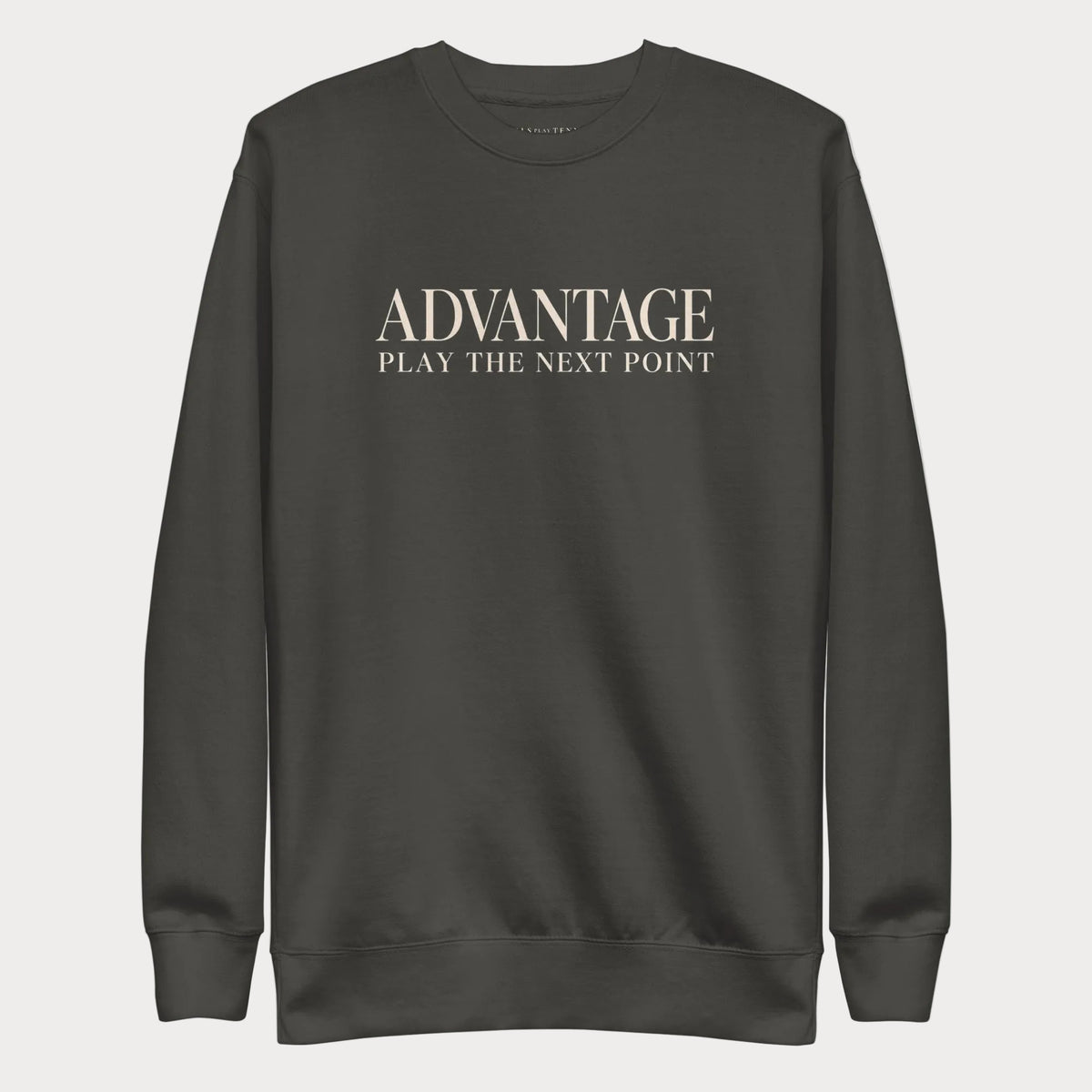 Vintage black Advantage women's tennis crewneck sweatshirt with cream lettering reading Advantage above Play the Next Point