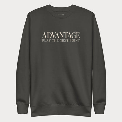 Vintage black Advantage women's tennis crewneck sweatshirt with cream lettering reading Advantage above Play the Next Point