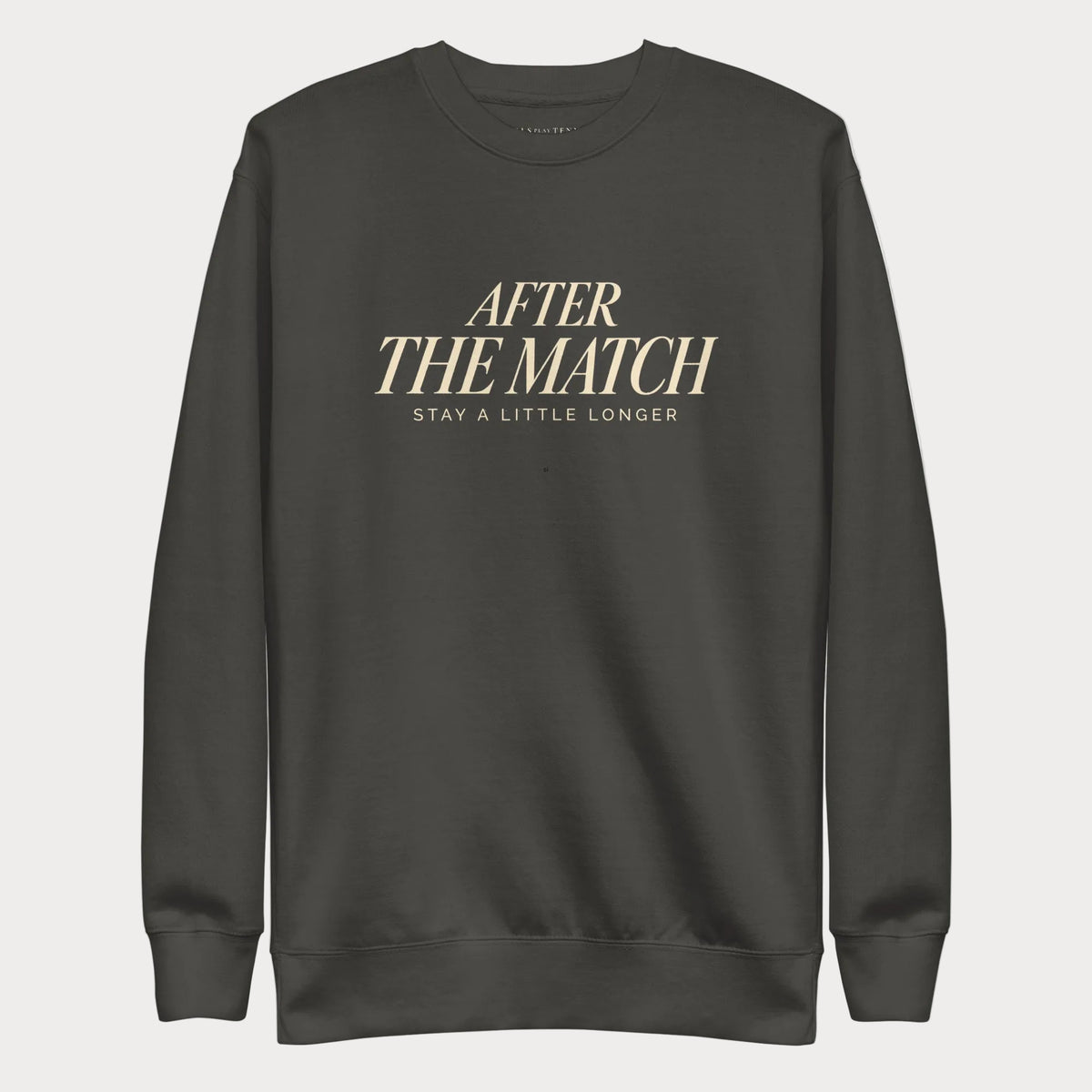 Vintage black After the Match women's tennis crewneck sweatshirt with cream lettering reading After the Match above Stay a Little Longer