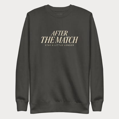 Vintage black After the Match women's tennis crewneck sweatshirt with cream lettering reading After the Match above Stay a Little Longer