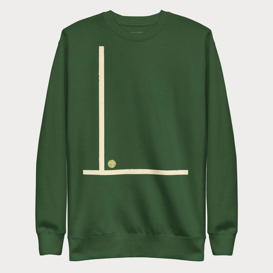 Forest green Court Lines Study No. 1 women's tennis crewneck sweatshirt with a vertical cream line meeting a horizontal line with a small tennis ball at the corner