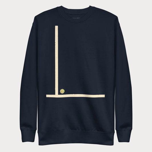 Navy Court Lines Study No. 1 women's tennis crewneck sweatshirt with a vertical cream line meeting a horizontal line with a small tennis ball at the corner
