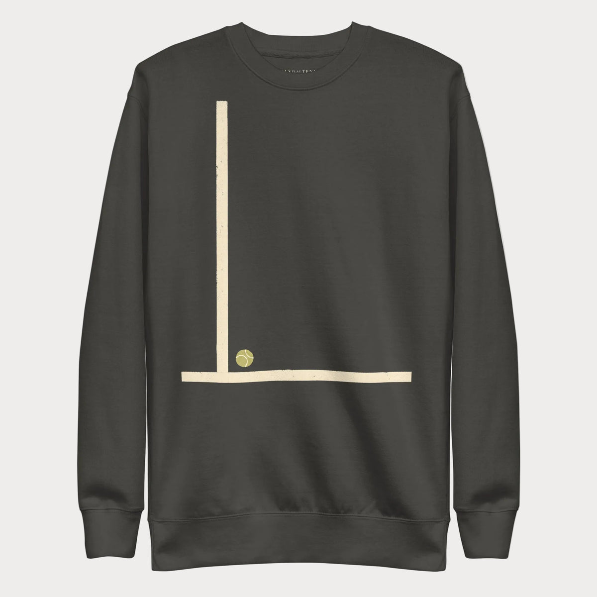 Vintage black Court Lines Study No. 1 women's tennis crewneck sweatshirt with a vertical cream line meeting a horizontal line with a small tennis ball at the corner