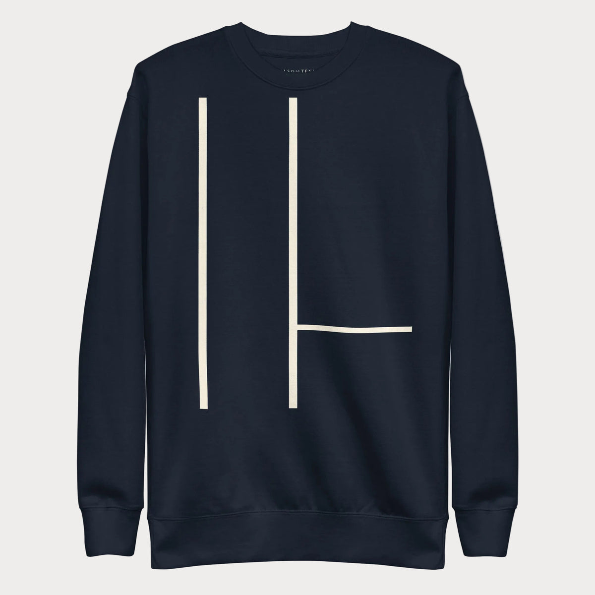 Navy Court Lines Study No. 2 women's tennis crewneck sweatshirt with two long vertical cream lines and one short horizontal line