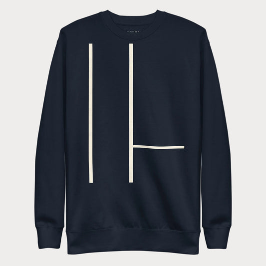 Navy Court Lines Study No. 2 women's tennis crewneck sweatshirt with two long vertical cream lines and one short horizontal line