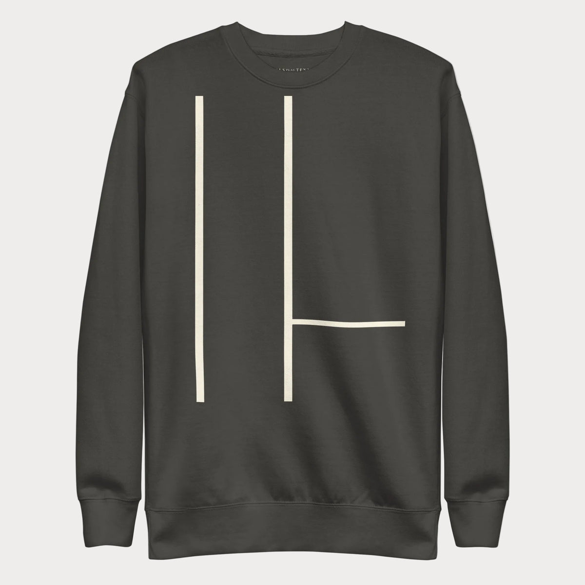 Vintage black Court Lines Study No. 2 women's tennis crewneck sweatshirt with two long vertical cream lines and one short horizontal line