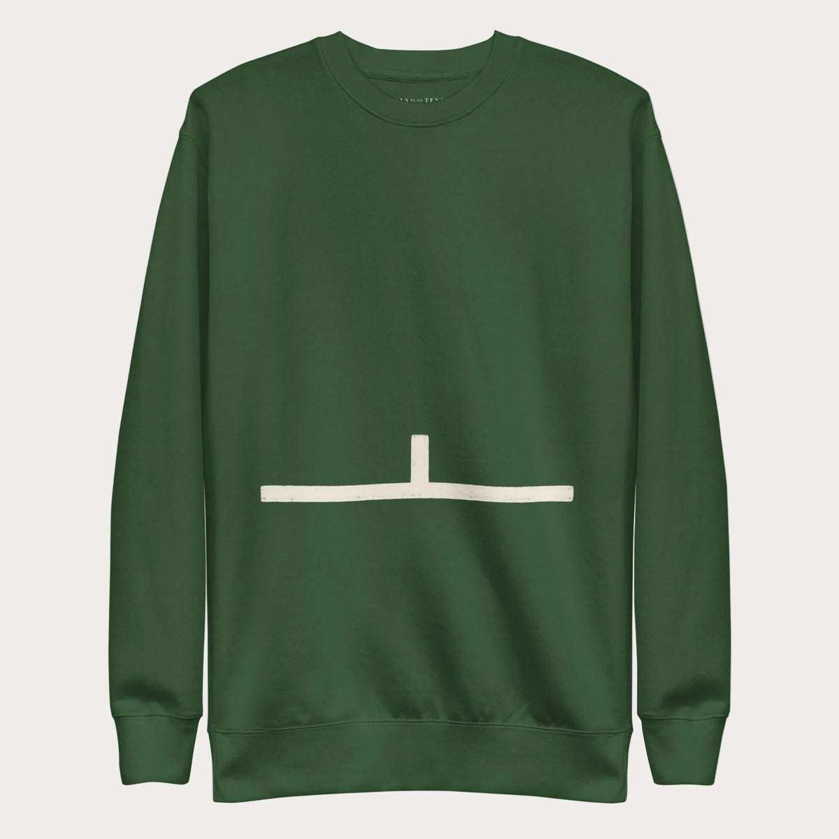Forest green Court Lines Study No. 3 women's tennis crewneck sweatshirt with a cream horizontal line with a short vertical line rising from its center