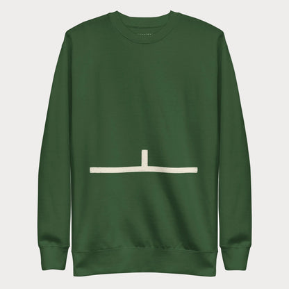 Forest green Court Lines Study No. 3 women's tennis crewneck sweatshirt with a cream horizontal line with a short vertical line rising from its center