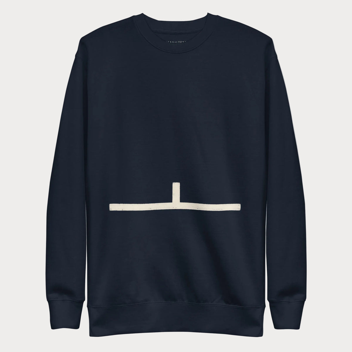 Navy Court Lines Study No. 3 women's tennis crewneck sweatshirt with a cream horizontal line with a short vertical line rising from its center