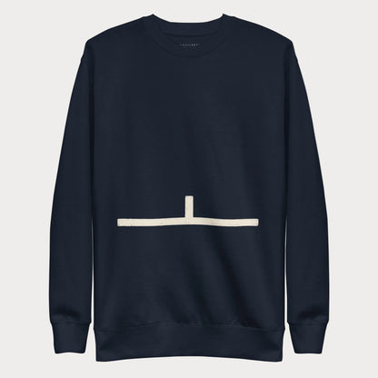 Navy Court Lines Study No. 3 women's tennis crewneck sweatshirt with a cream horizontal line with a short vertical line rising from its center