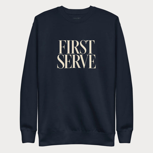 Navy First Serve women's tennis crewneck sweatshirt with stacked cream capitals reading First Serve