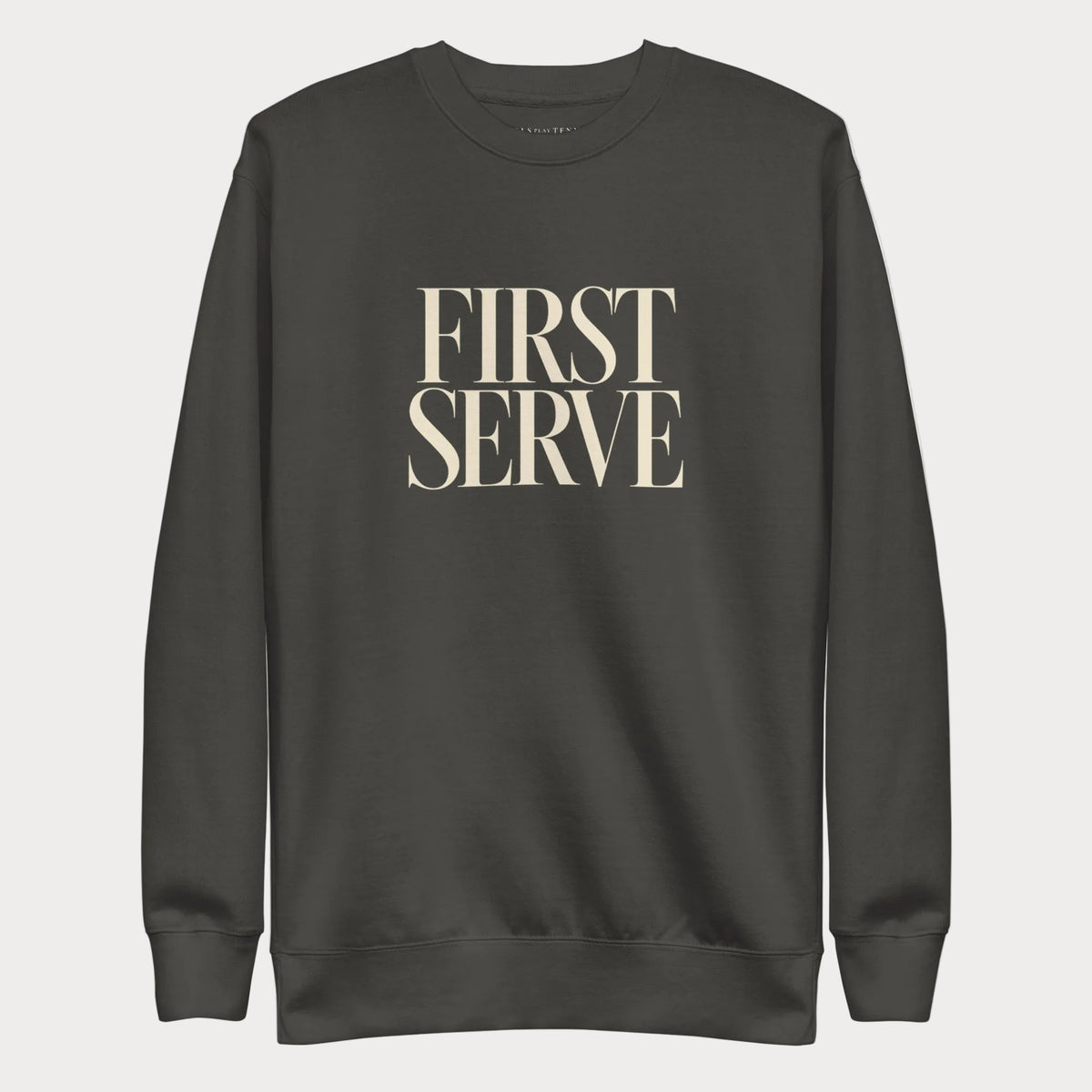 Vintage black First Serve women's tennis crewneck sweatshirt with stacked cream capitals reading First Serve