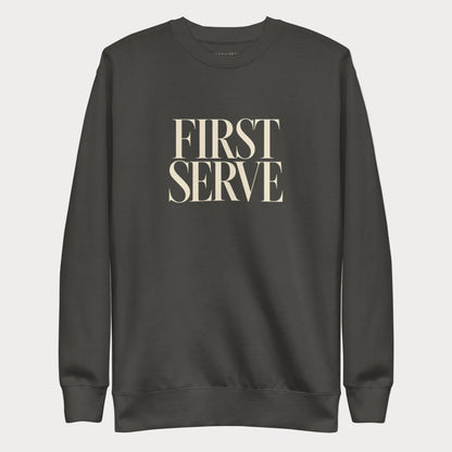 Vintage black First Serve women's tennis crewneck sweatshirt with stacked cream capitals reading First Serve