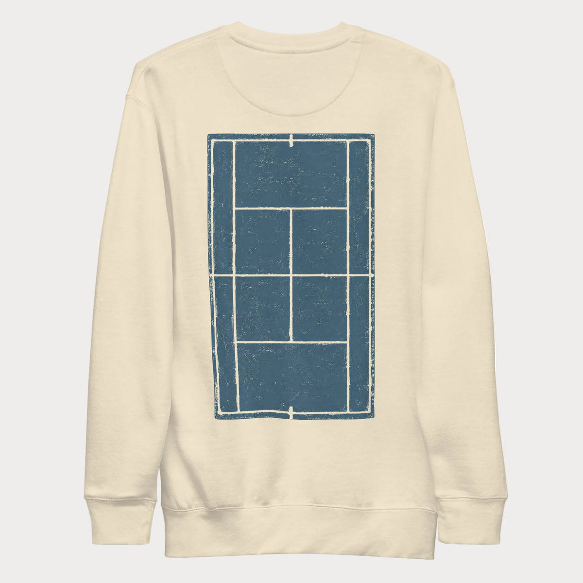 Back view of a bone Hard Court Study No. 1 women's tennis crewneck sweatshirt printed with a distressed steel blue hard court seen from above