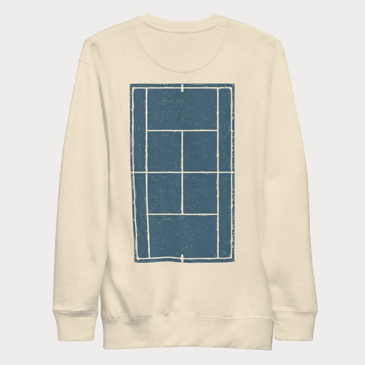 Back view of a bone Hard Court Study No. 1 women's tennis crewneck sweatshirt printed with a distressed steel blue hard court seen from above