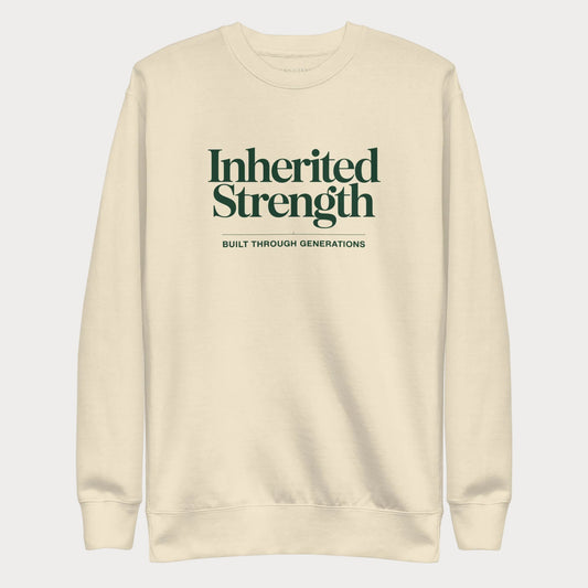 Bone Inherited Strength women's tennis crewneck sweatshirt with forest green lettering reading Inherited Strength above the line Built Through Generations