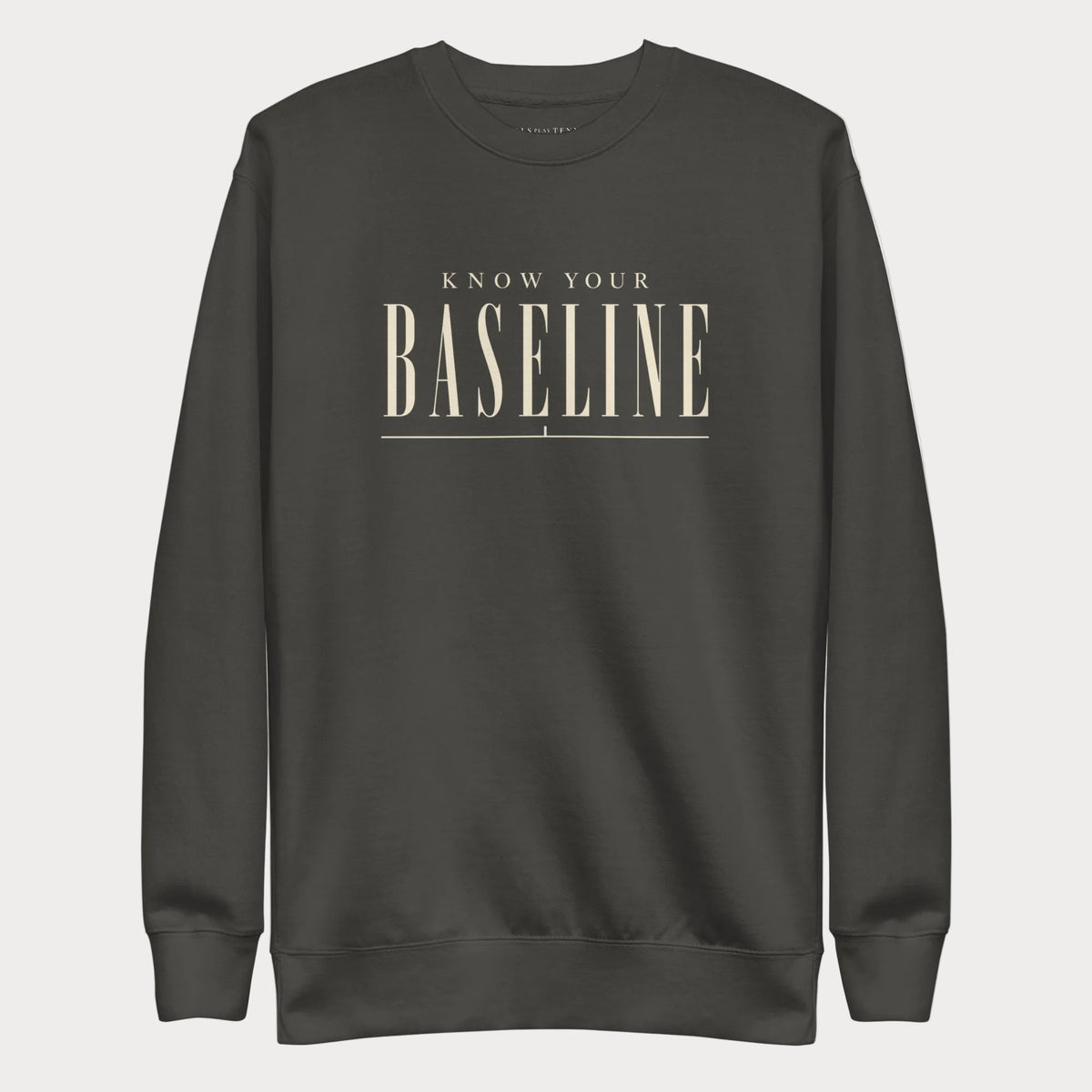 Vintage black Know Your Baseline women's tennis crewneck sweatshirt with cream lettering reading Know Your Baseline above an underline rule