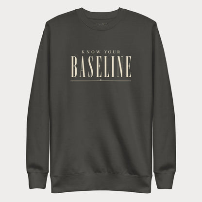 Vintage black Know Your Baseline women's tennis crewneck sweatshirt with cream lettering reading Know Your Baseline above an underline rule