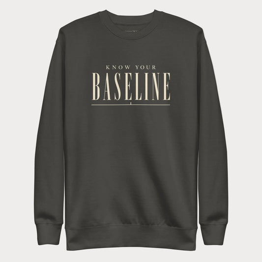Vintage black Know Your Baseline women's tennis crewneck sweatshirt with cream lettering reading Know Your Baseline above an underline rule