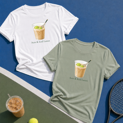 White and sage green Aces & Iced Lattes tennis tees laid flat on a blue and green court beside a racket, tennis ball and iced coffee