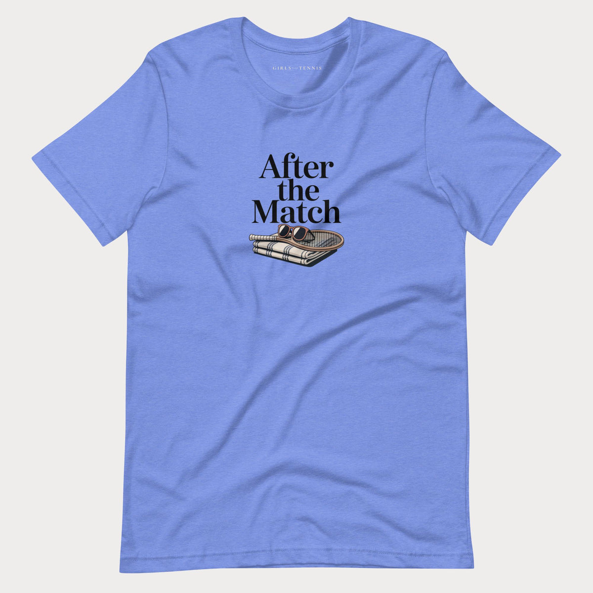 Blue After the Match women's tennis T-shirt with a striped towel, wooden racket and sunglasses graphic