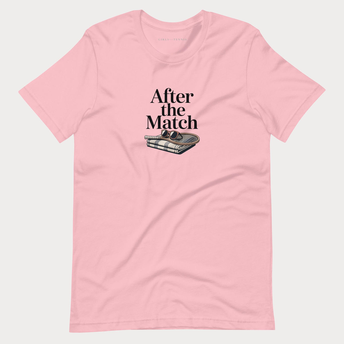 Pink After the Match women's tennis T-shirt with a striped towel, wooden racket and sunglasses graphic