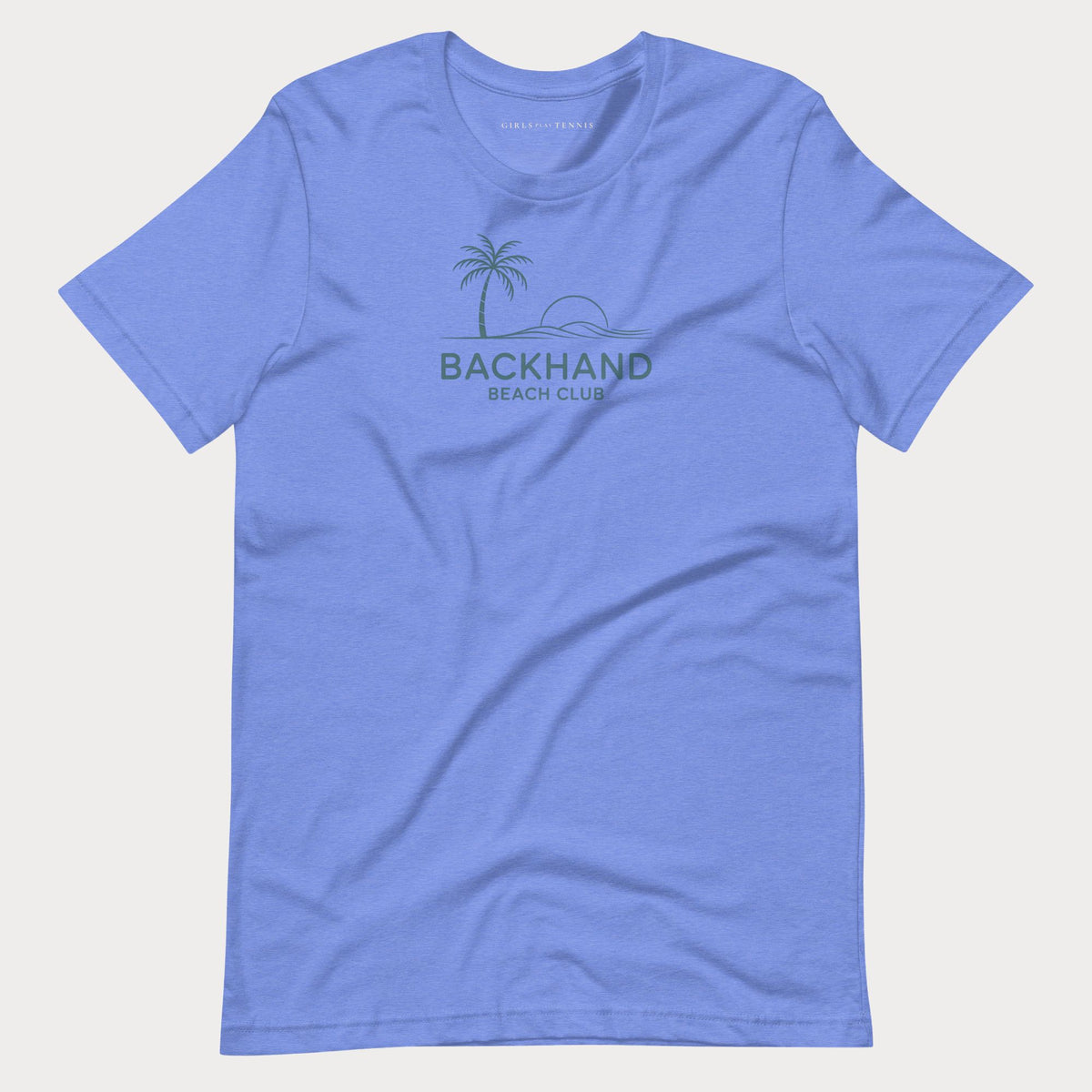 Blue Backhand Beach Club women's tennis T-shirt with a palm tree, sun and waves graphic