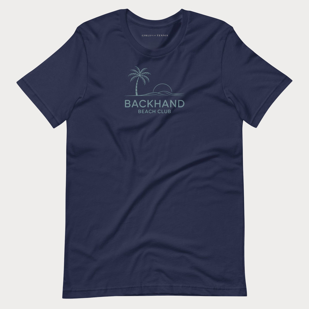 Navy Backhand Beach Club women's tennis T-shirt with a palm tree, sun and waves graphic