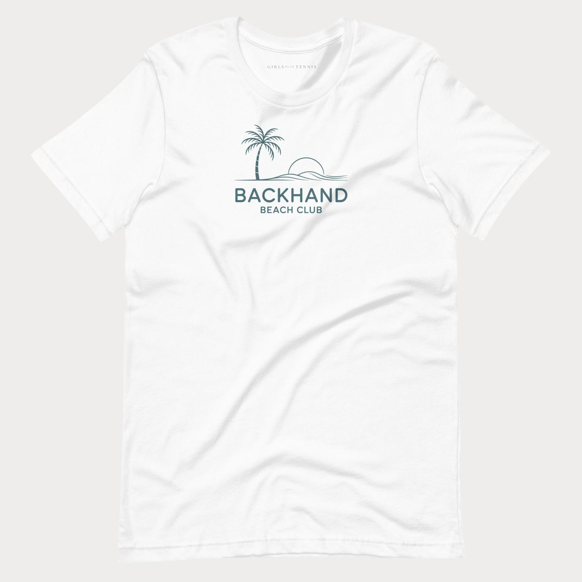 White Backhand Beach Club women's tennis T-shirt with a palm tree, sun and waves graphic