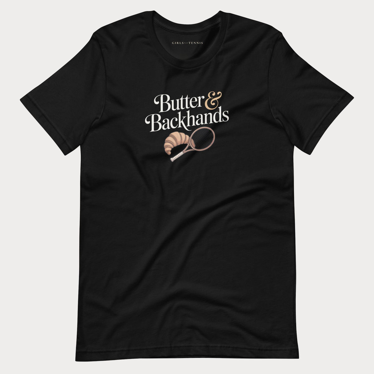 Black Butter & Backhands women's tennis T-shirt with a croissant and tennis racket graphic
