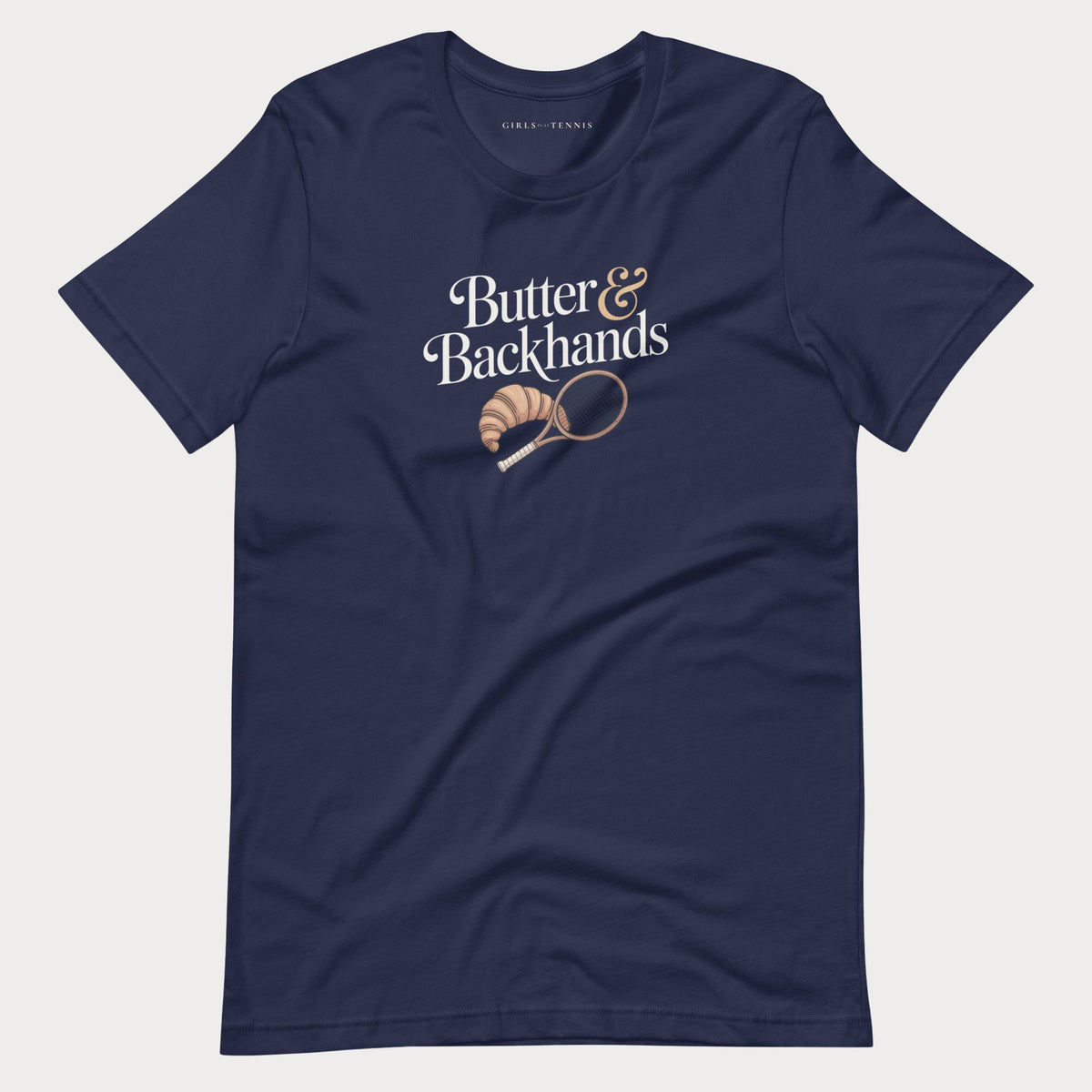 Navy Butter & Backhands women's tennis T-shirt with a croissant and tennis racket graphic