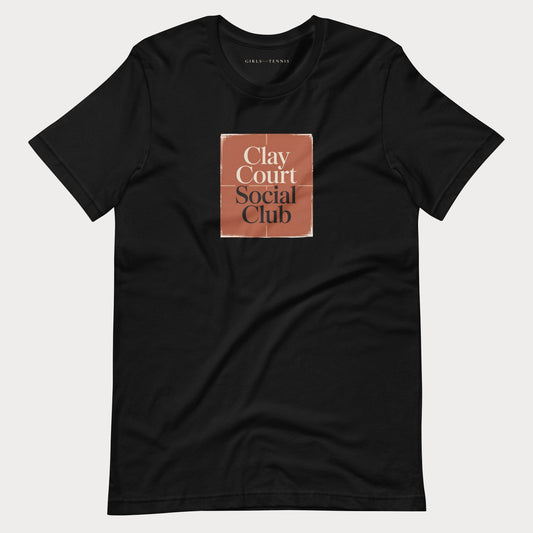 Black Clay Court Social Club women's tennis T-shirt with a clay-red square graphic and lettering