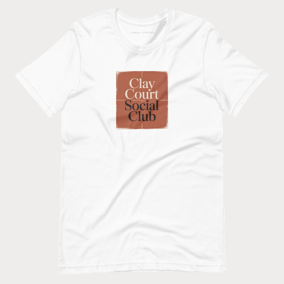 White Clay Court Social Club women's tennis T-shirt with a clay-red square graphic and lettering