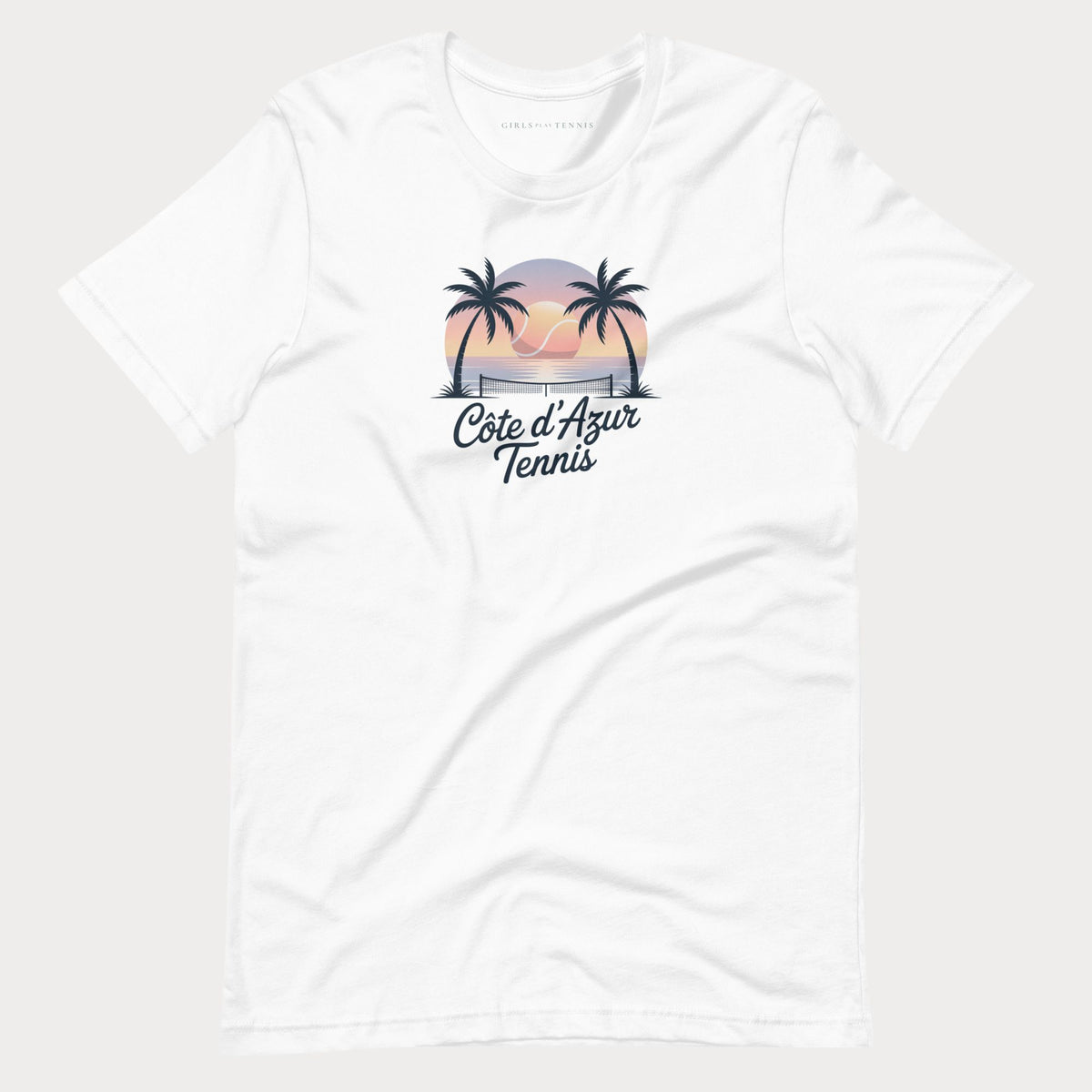 White Côte d'Azur women's tennis T-shirt with palm trees and a sunset graphic above script lettering