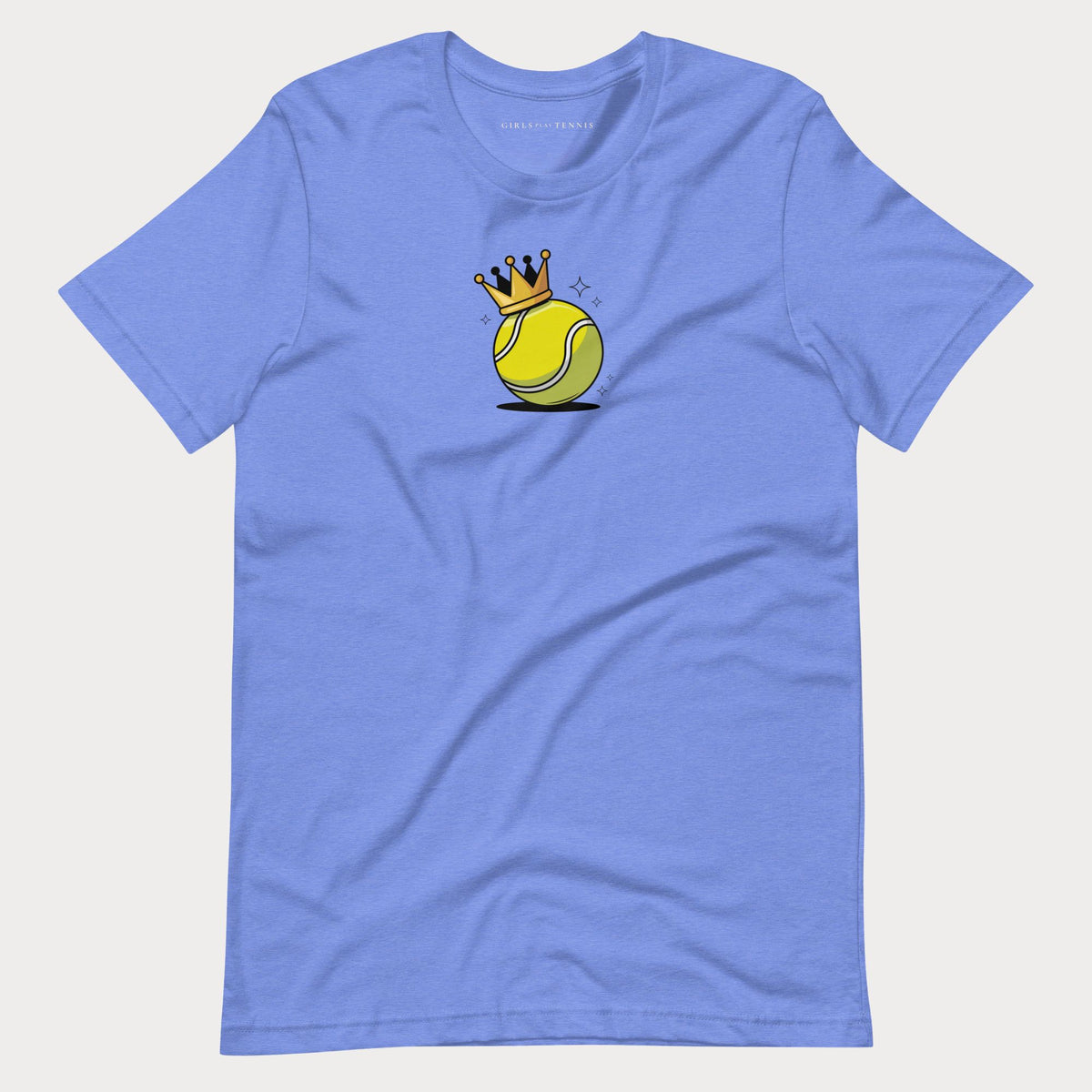 Blue Court Queen women's tennis T-shirt with a small tennis ball wearing a gold crown