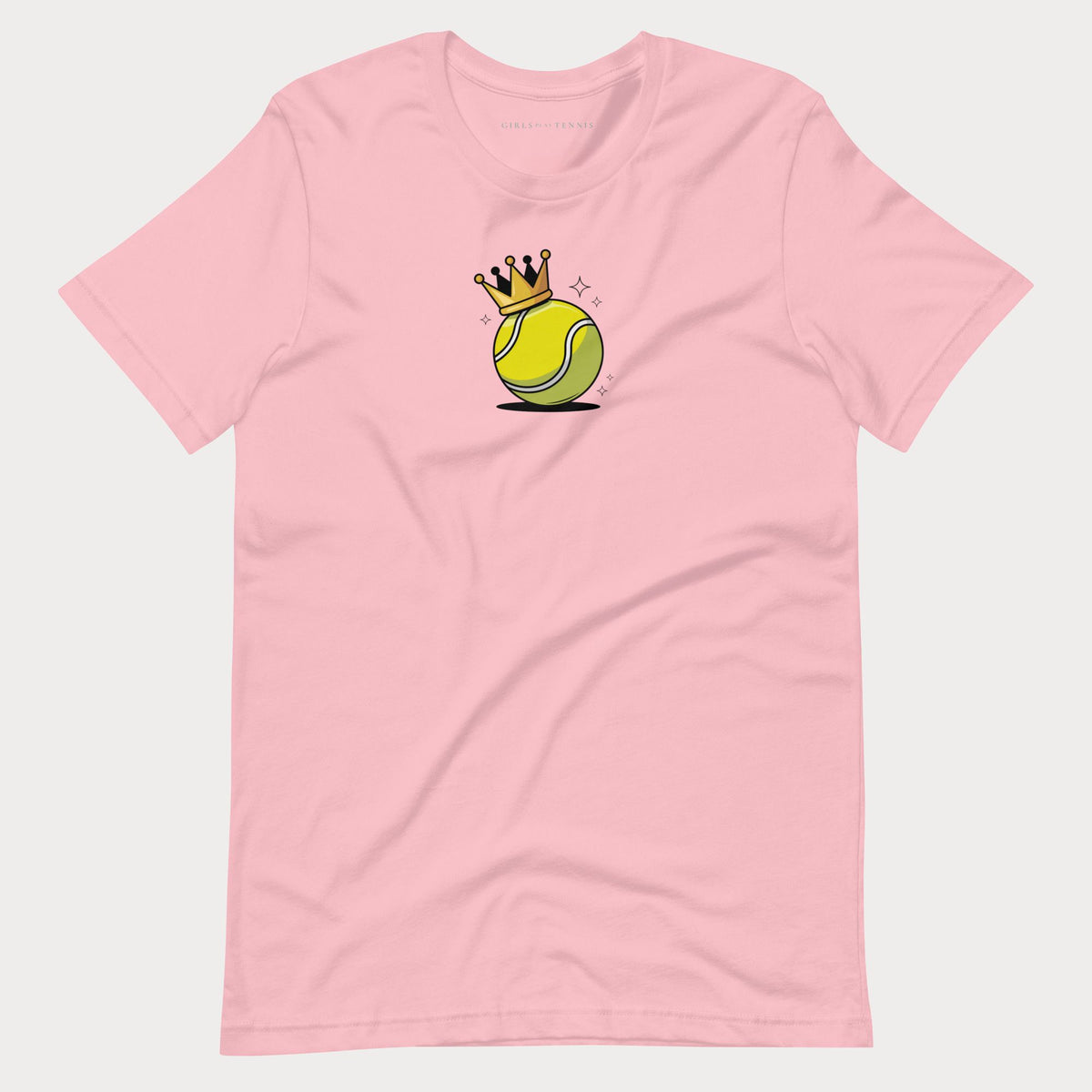 Pink Court Queen women's tennis T-shirt with a small tennis ball wearing a gold crown
