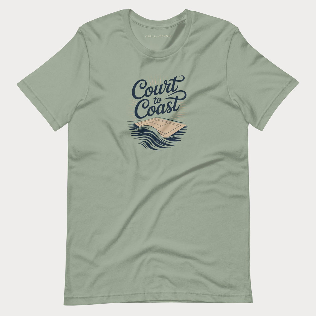 Sage green Court to Coast women's tennis T-shirt with script lettering above a tennis court and ocean waves