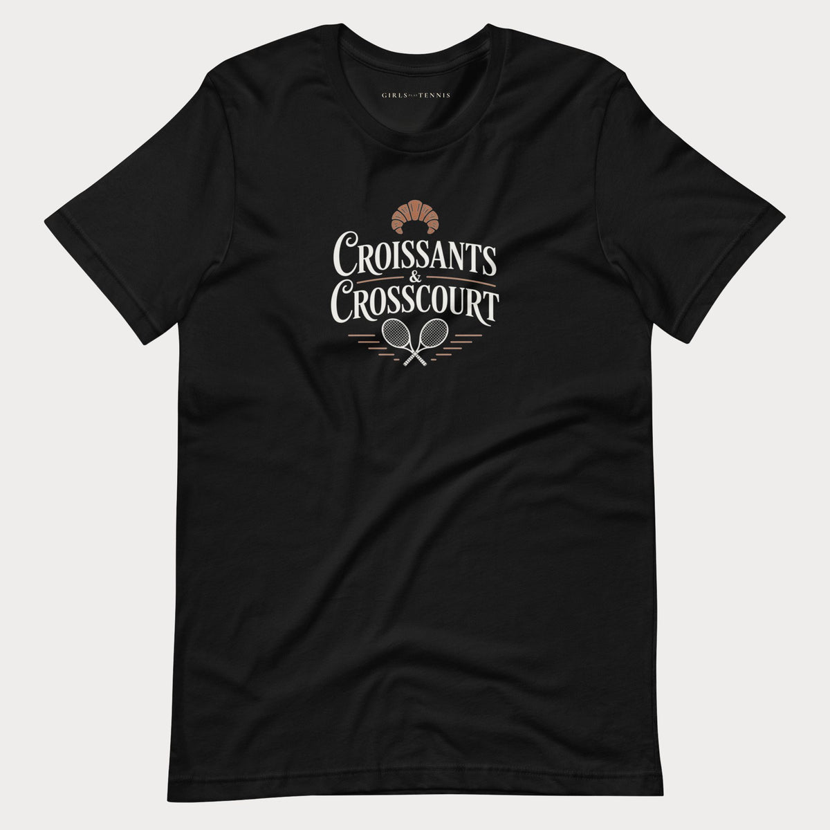 Black Croissants & Crosscourt women's tennis T-shirt with a croissant above crossed rackets