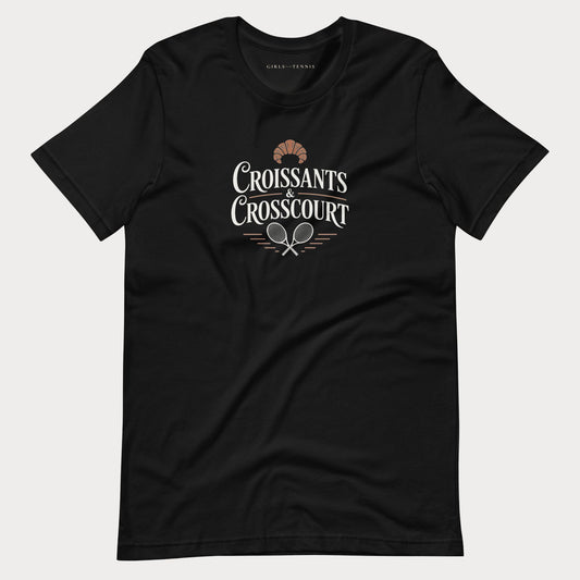 Black Croissants & Crosscourt women's tennis T-shirt with a croissant above crossed rackets