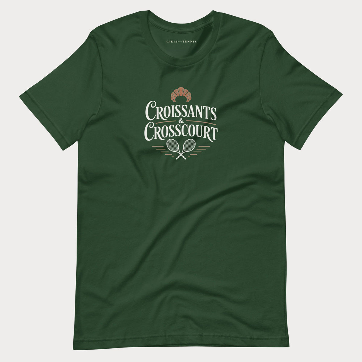 Forest green Croissants & Crosscourt women's tennis T-shirt with a croissant above crossed rackets