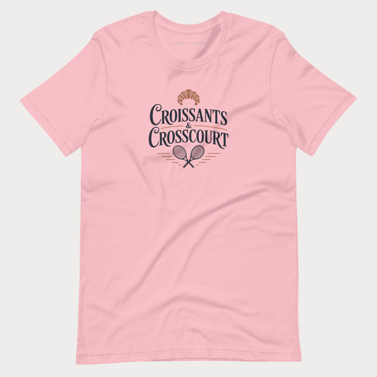 Pink Croissants & Crosscourt women's tennis T-shirt with a croissant above crossed rackets