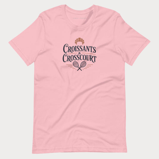 Pink Croissants & Crosscourt women's tennis T-shirt with a croissant above crossed rackets