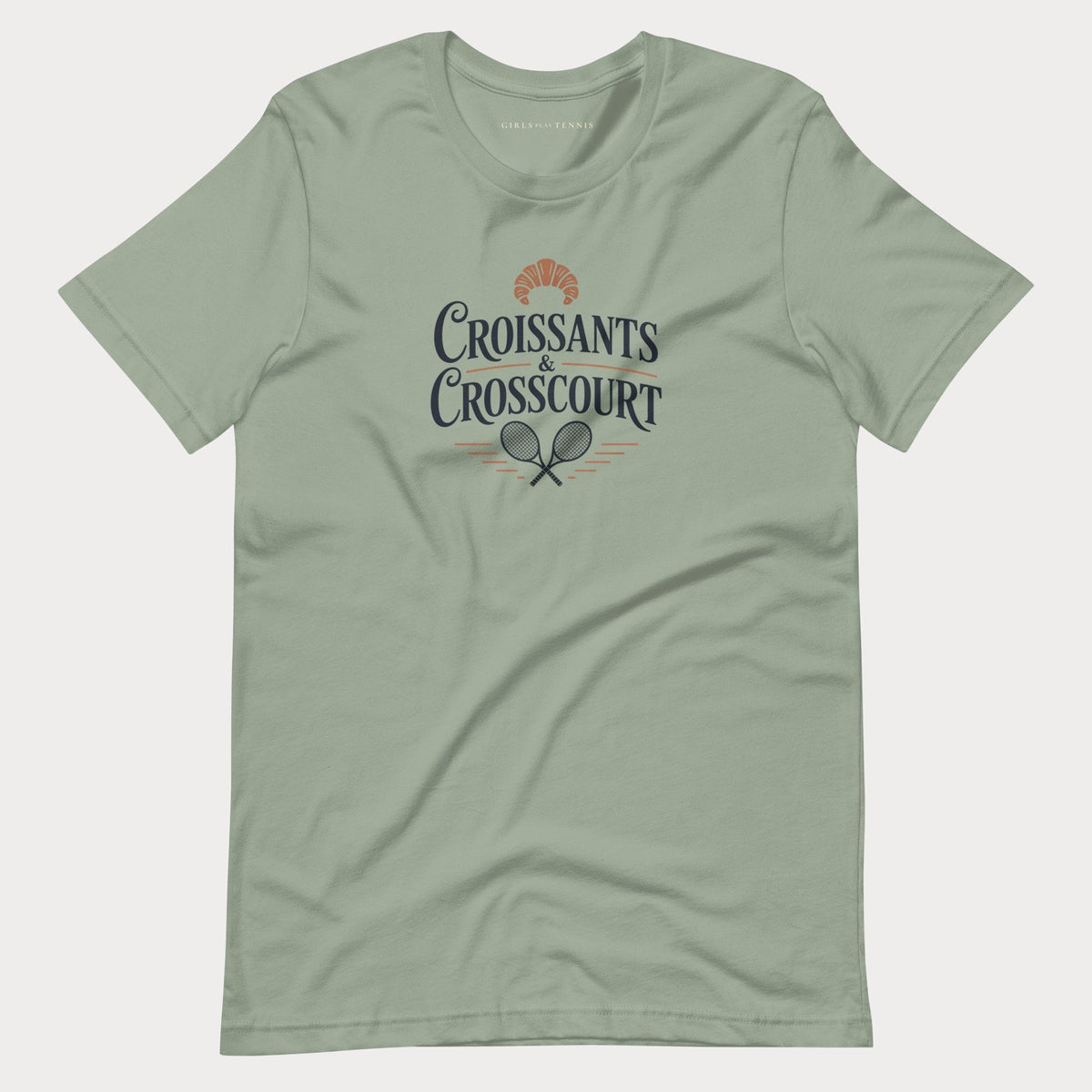 Sage green Croissants & Crosscourt women's tennis T-shirt with a croissant above crossed rackets