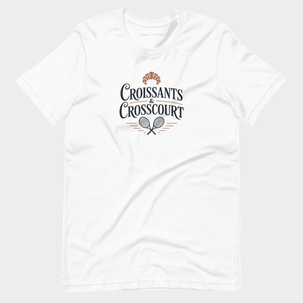 White Croissants & Crosscourt women's tennis T-shirt with a croissant above crossed rackets