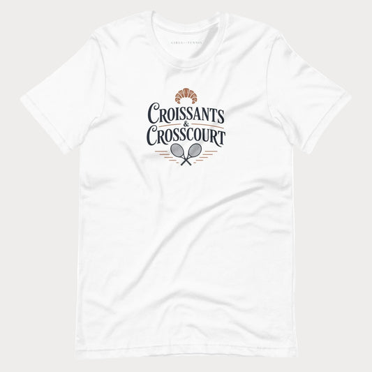 White Croissants & Crosscourt women's tennis T-shirt with a croissant above crossed rackets