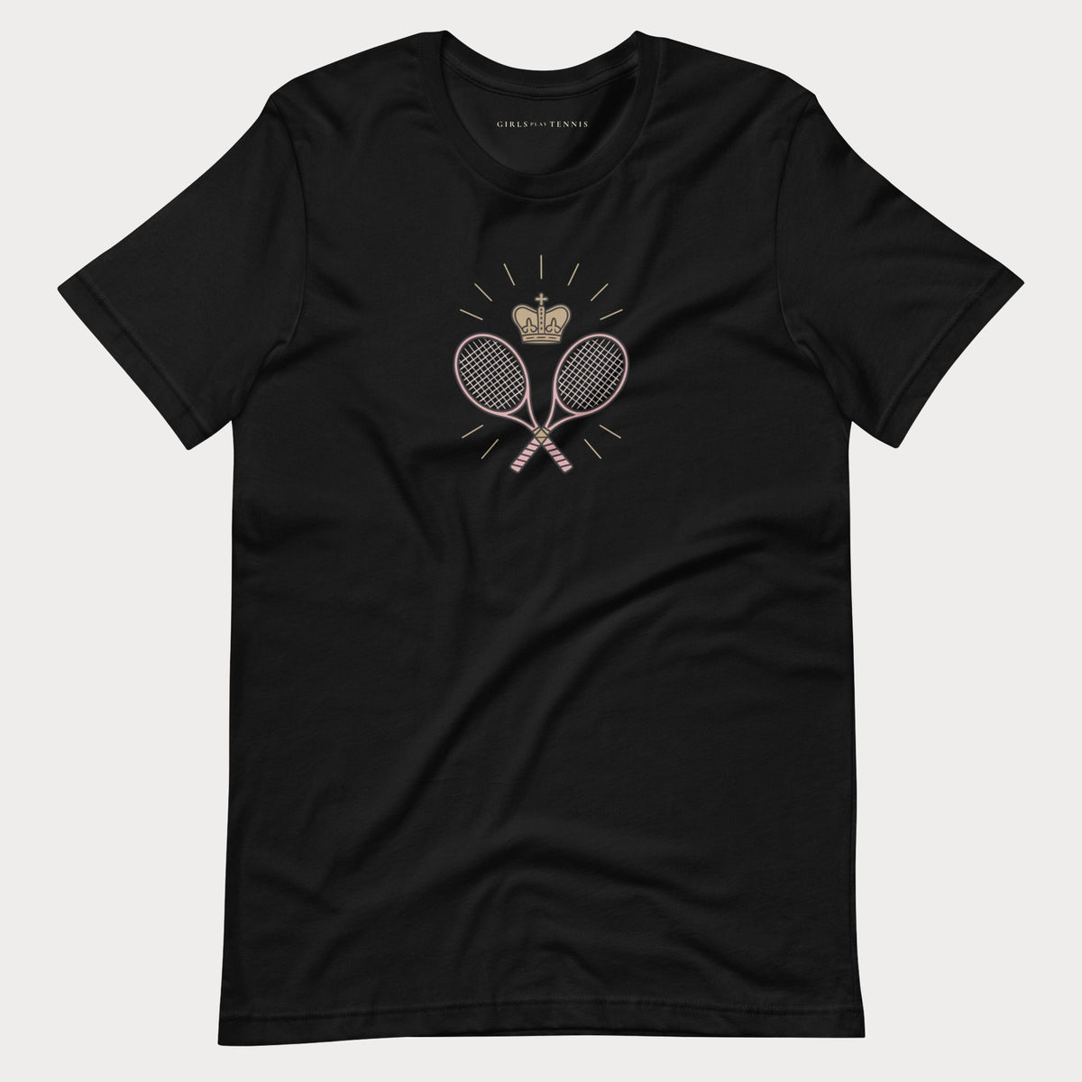 Black Crown & Racquets women's tennis T-shirt with crossed rackets under a crown