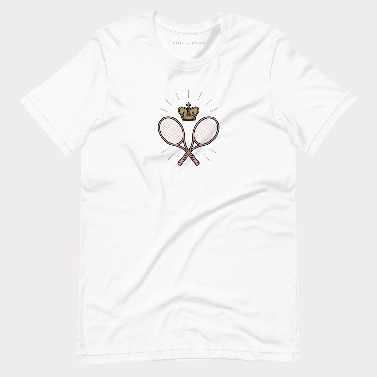 White Crown & Racquets women's tennis T-shirt with crossed rackets under a crown